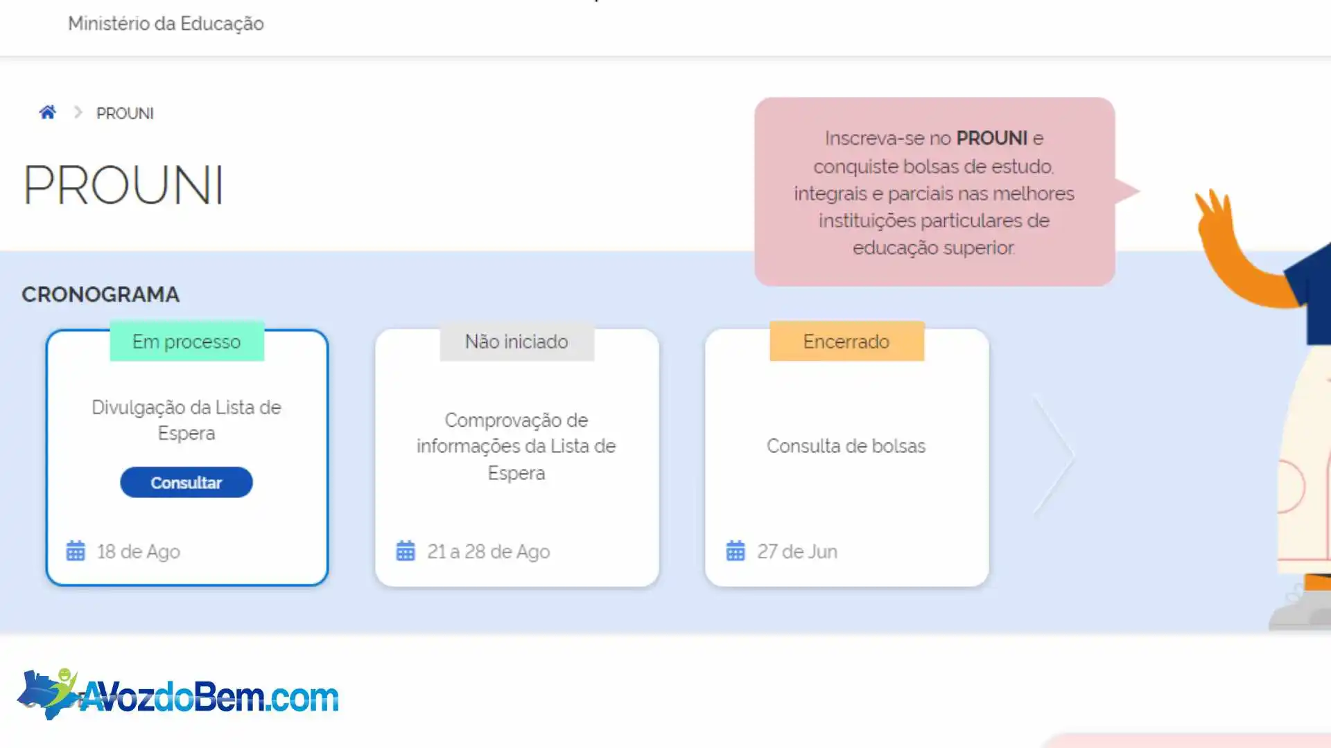 Ministério da Educação divulgou o resultado da lista de espera do processo seletivo para Prouni
